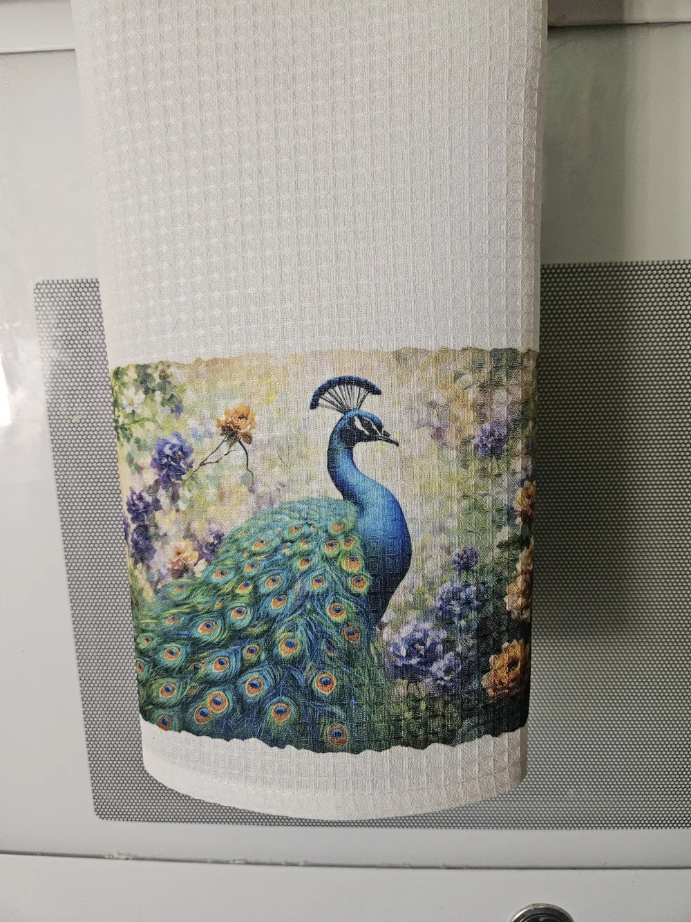 Hand Crafted Peacock Kitchen Linen Set in Green, Blue and Yellow